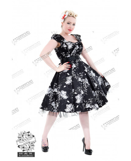 Petticoatkleid 50er Jahre, Fifties, Black White Floral Tea Dress 6690 H & R London handrlondon, Hearts&Roses