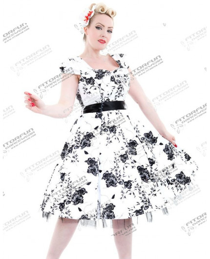 Petticoatkleid 50er Jahre, Fifties, White Black Floral Tea Dress 6690 H & R London handrlondon, Hearts&Roses