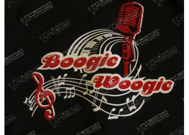 T-Shirt Herr schwarz Motiv Boogie Woogie Microfon 2-farbig - Flock hinten